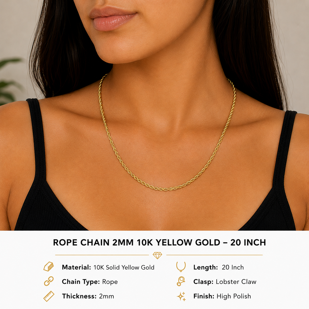 10K Yellow Gold Rope Chain 20” – 2mm Classic Twisted Necklace Jewelry