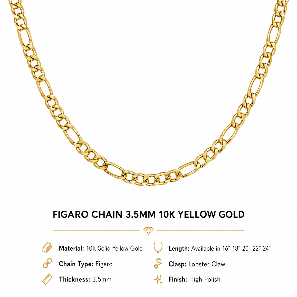 10K Yellow Gold Figaro Chain 18” – 3.5mm Classic Link Necklace Jewelry