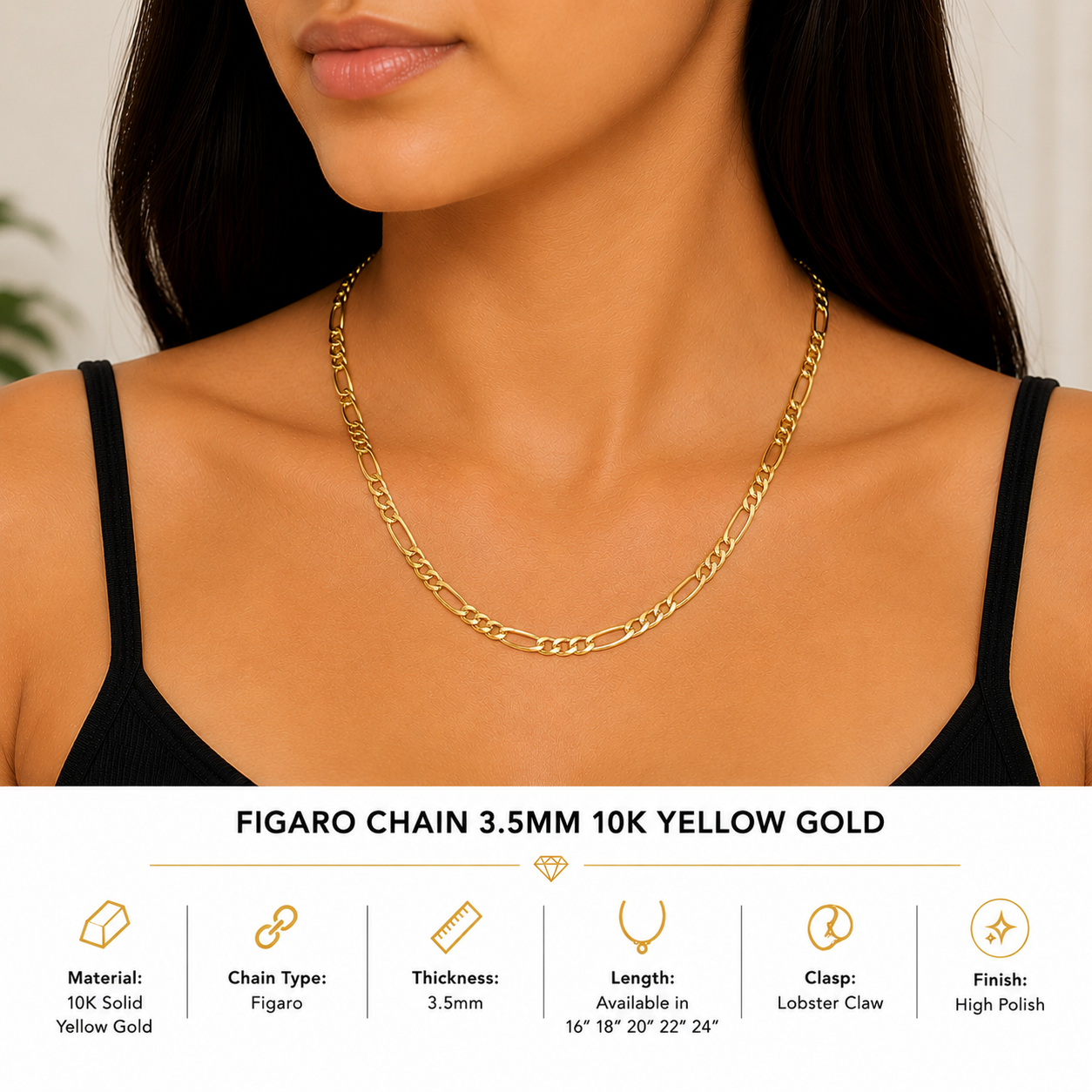 10K Yellow Gold Figaro Chain 18” – 3.5mm Classic Link Necklace Jewelry