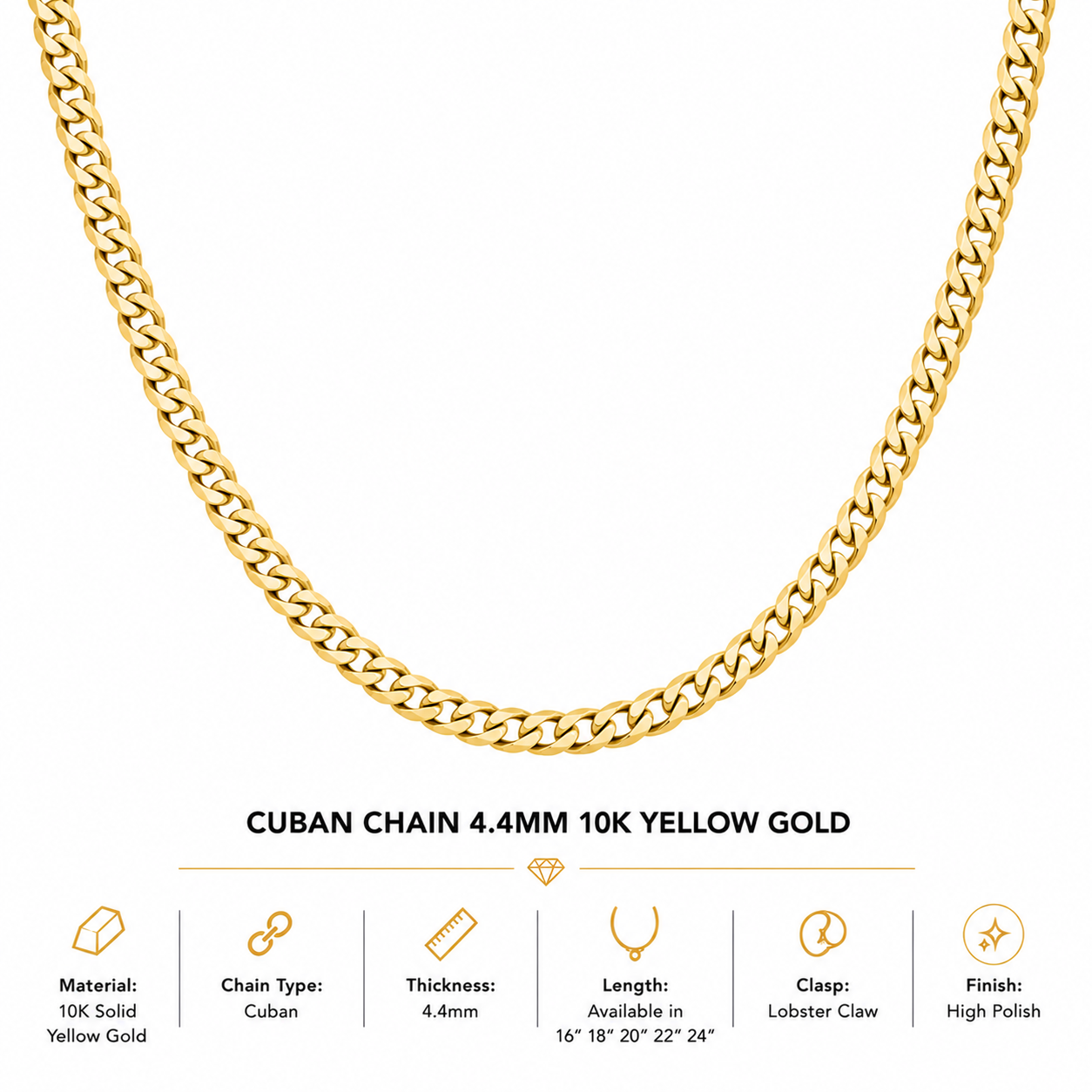 10K Yellow Gold Cuban Chain 18" – 4.4mm Bold Link Necklace