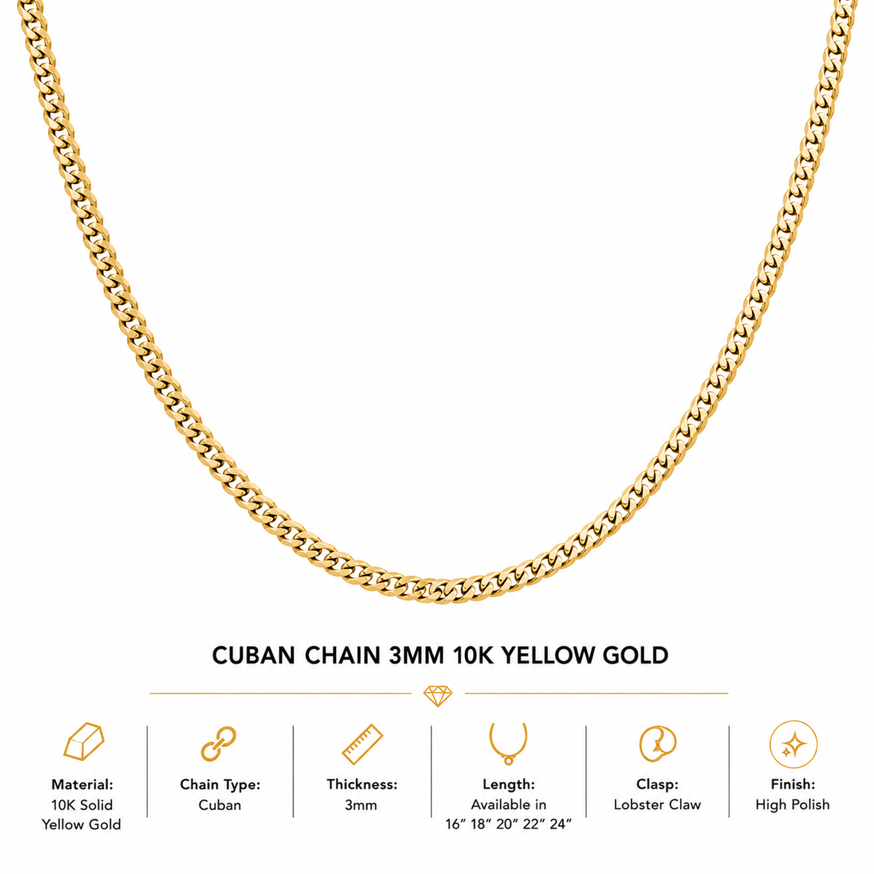 10K Yellow Gold Cuban Chain 18" – 3mm Classic Link Necklace