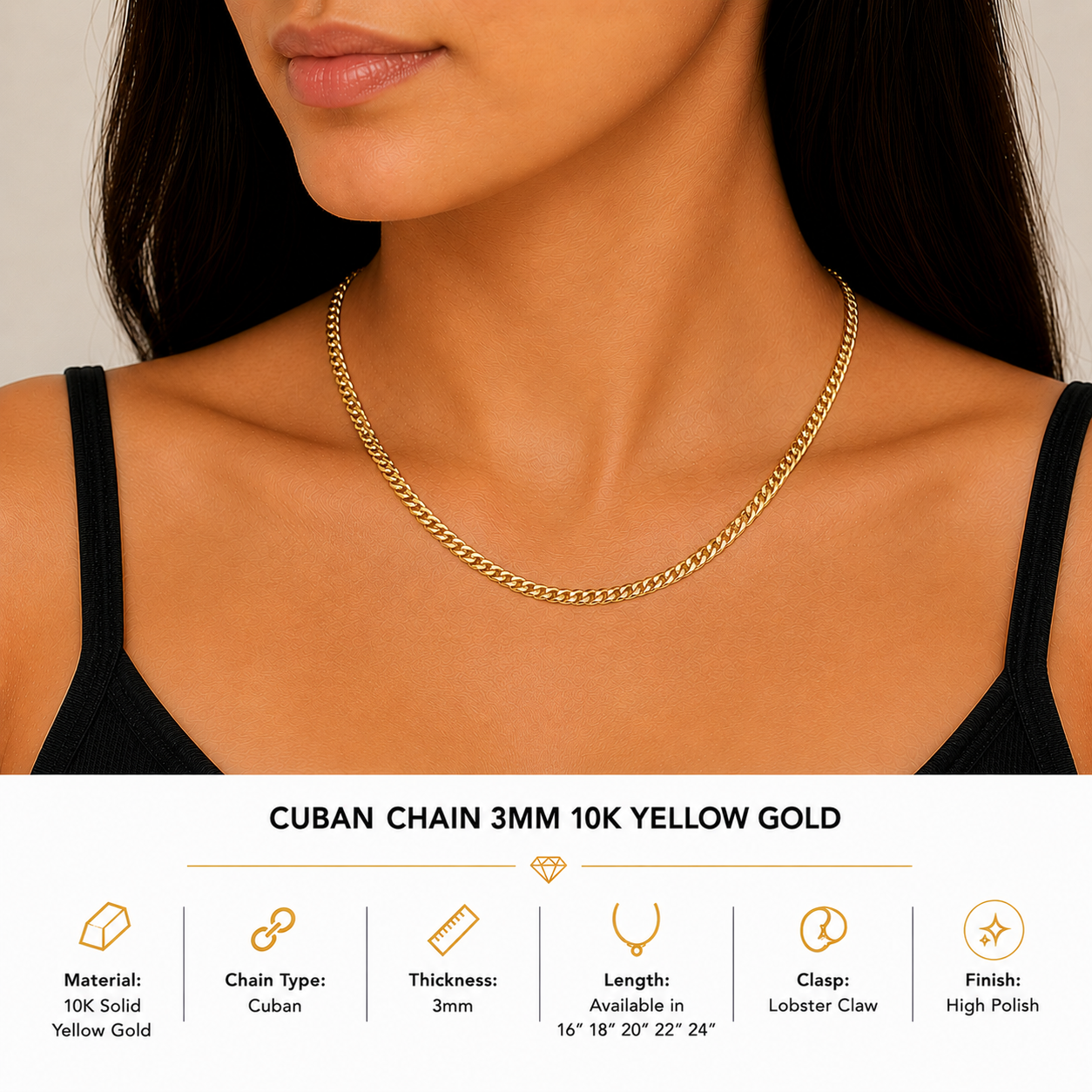 10K Yellow Gold Cuban Chain 18" – 3mm Classic Link Necklace