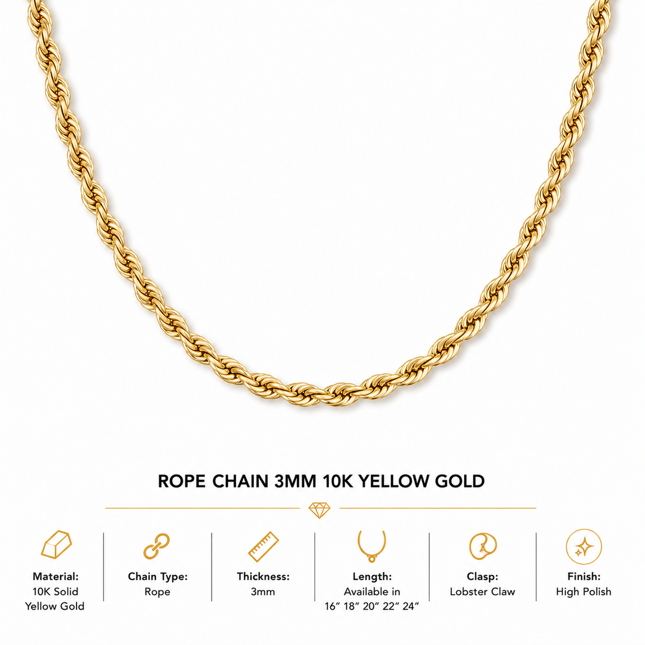 10K Yellow Gold Rope Chain 20" – 3mm Classic Twisted Necklace