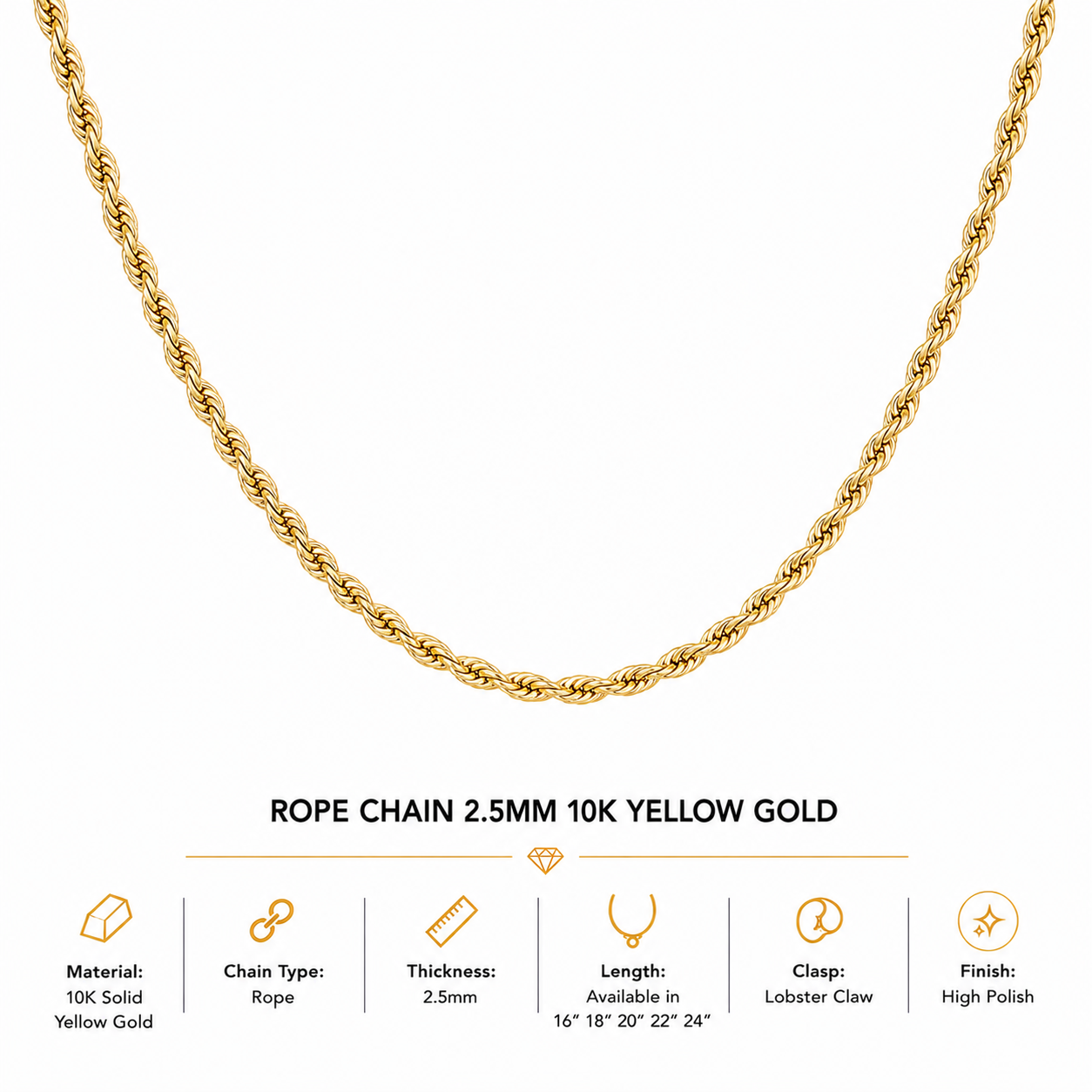 10K Yellow Gold Rope Chain 18" – 2.5mm Classic Twisted Necklace