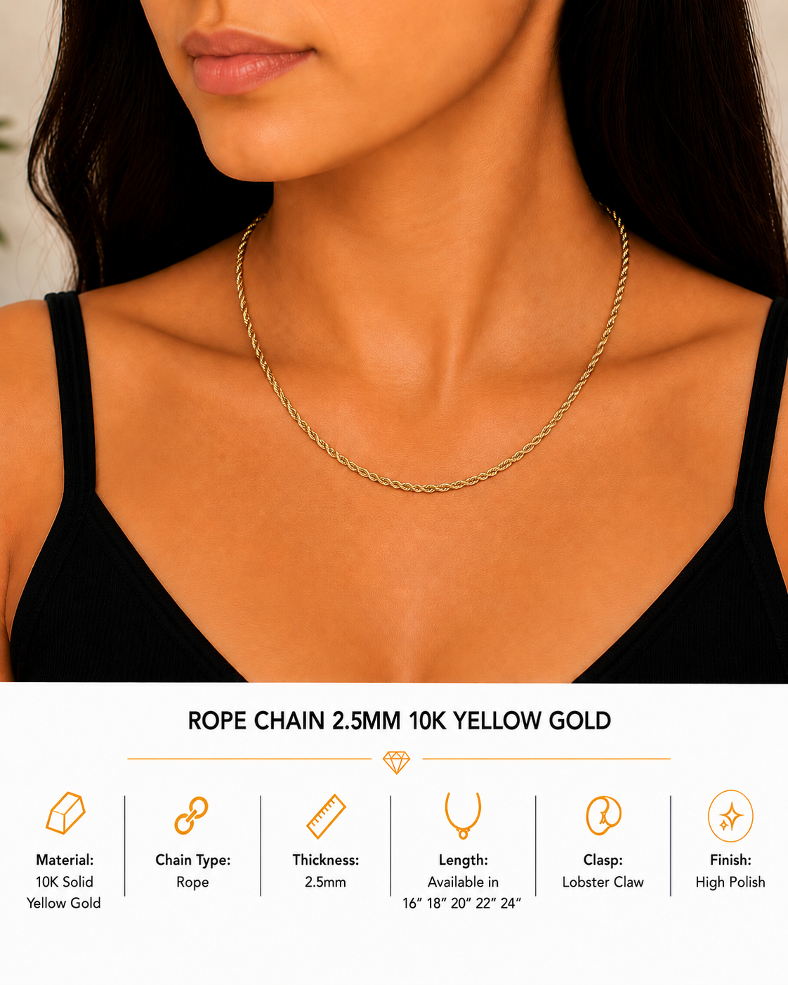 10K Yellow Gold Rope Chain 18" – 2.5mm Classic Twisted Necklace