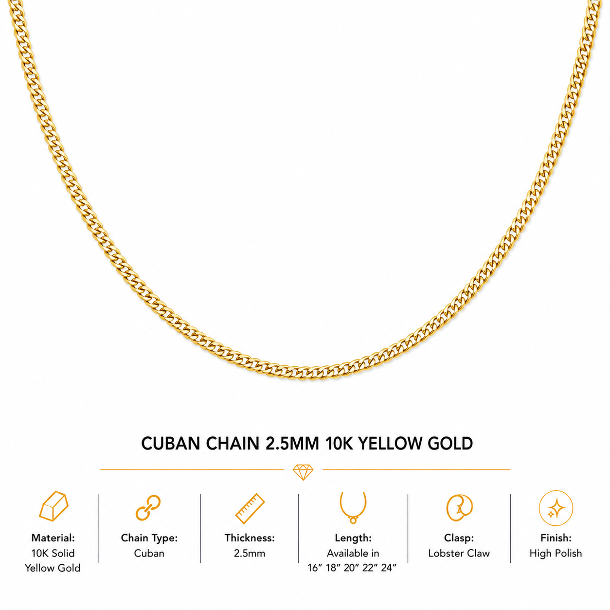 10K Yellow Gold Cuban Chain 18” – 2.5mm Classic Link Necklace Jewelry