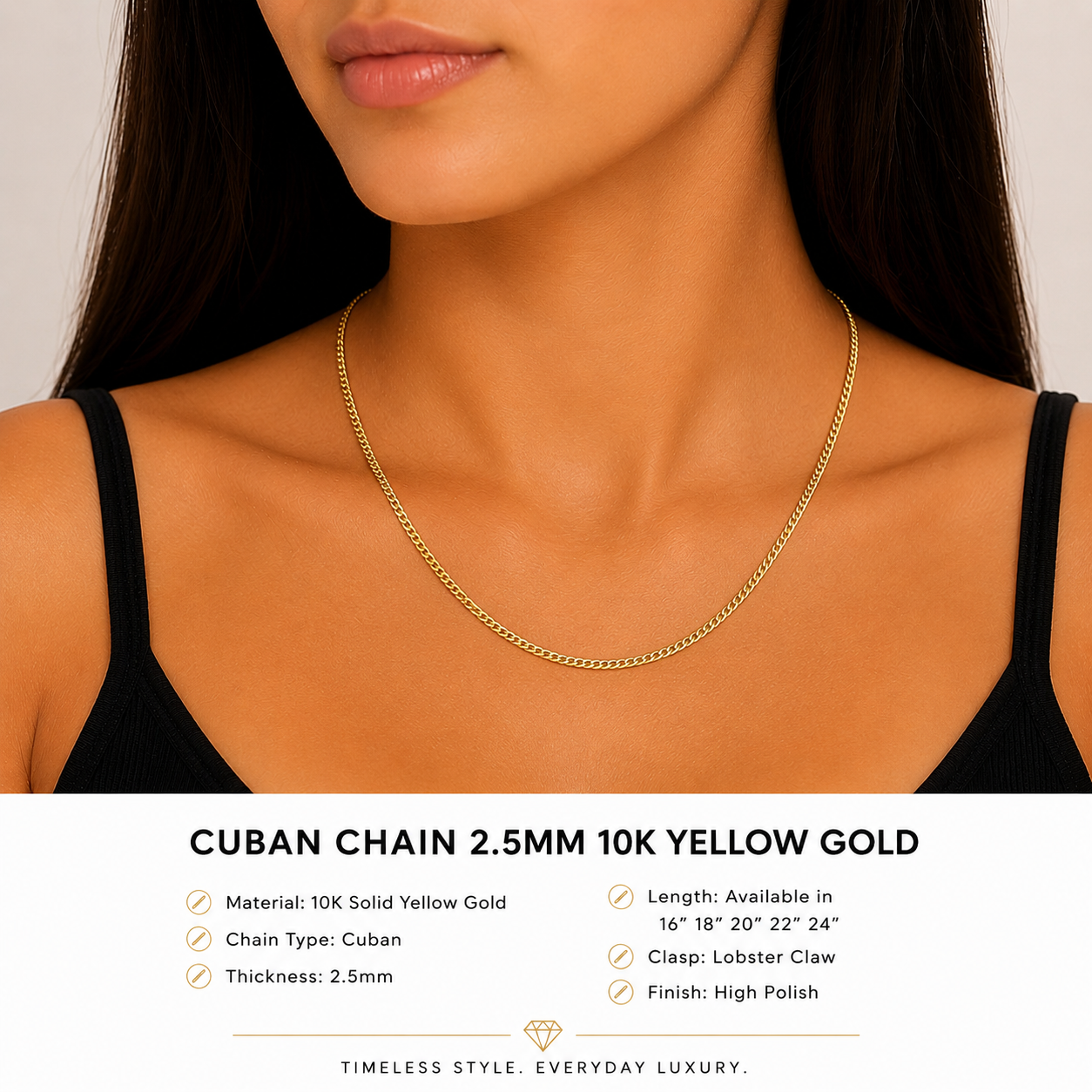 10K Yellow Gold Cuban Chain 18” – 2.5mm Classic Link Necklace Jewelry