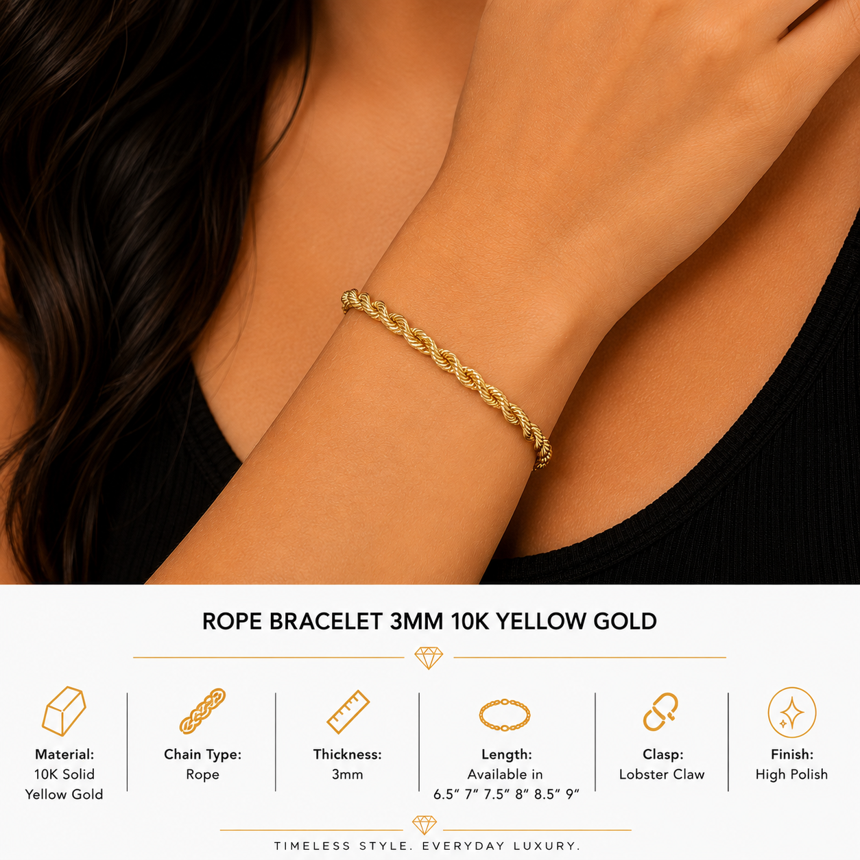 10K Yellow Gold Rope Bracelet 7” – 3mm Classic Twisted Gold Bracelet