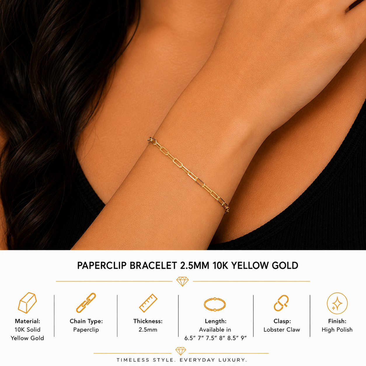 10K Yellow Gold paperclip Bracelet 7" – 2.5mm Classic Link Bracelet