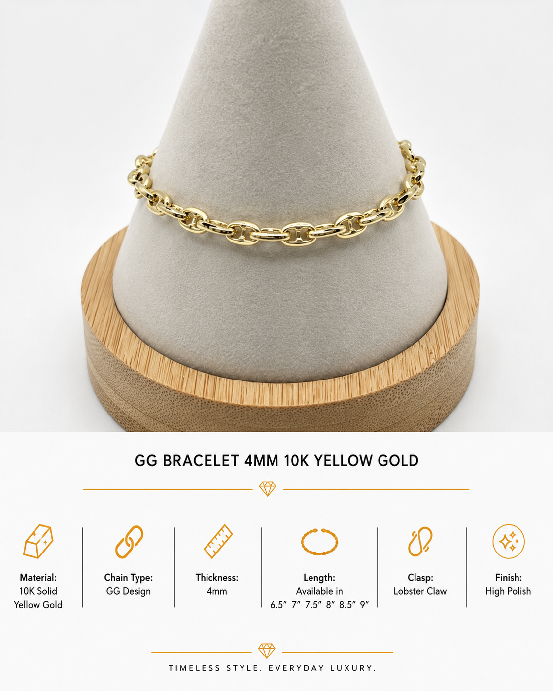 10K Yellow Gold Puff Mariner Bracelet 7.5" – 4mm Classic Link Bracelet