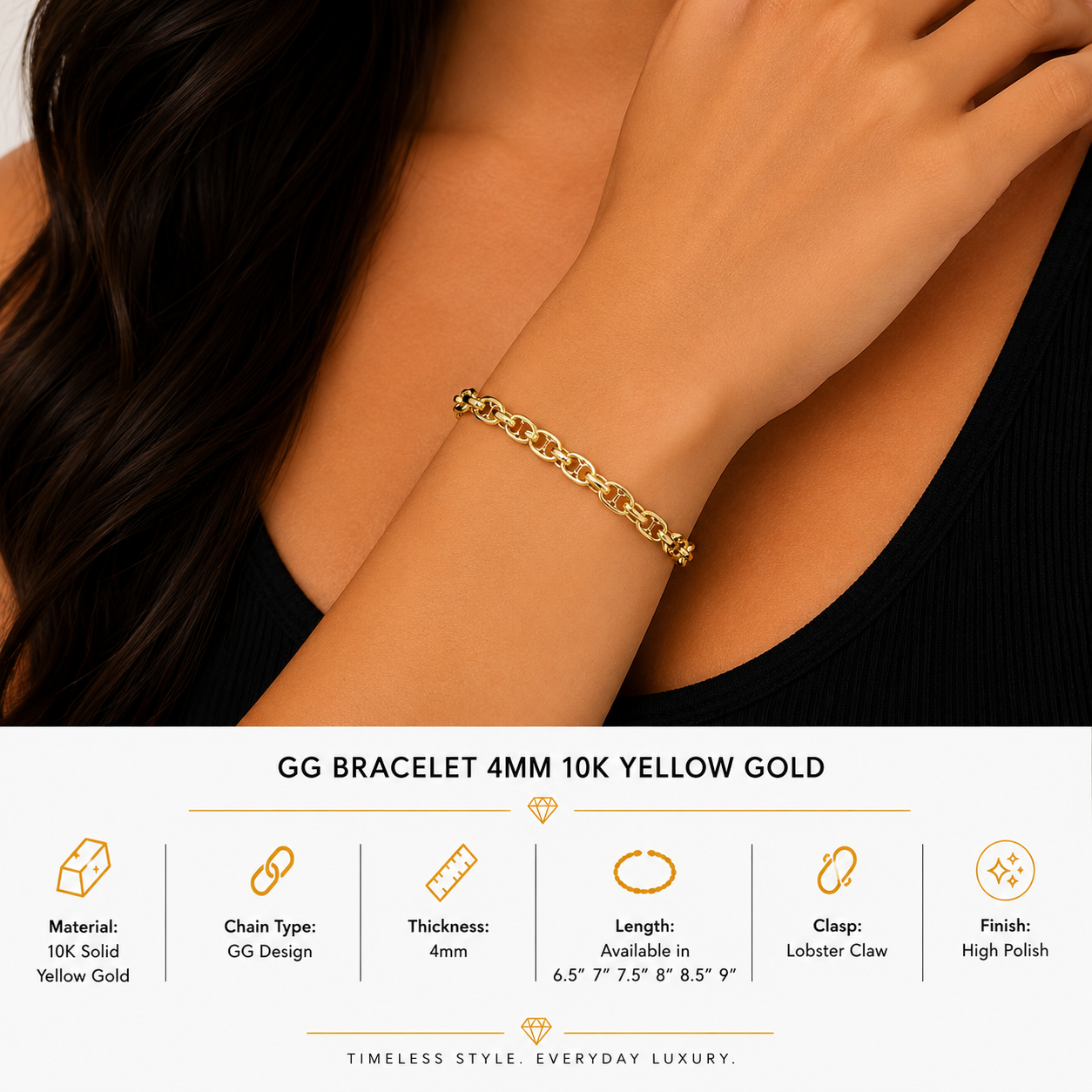 10K Yellow Gold Puff Mariner Bracelet 7.5" – 4mm Classic Link Bracelet