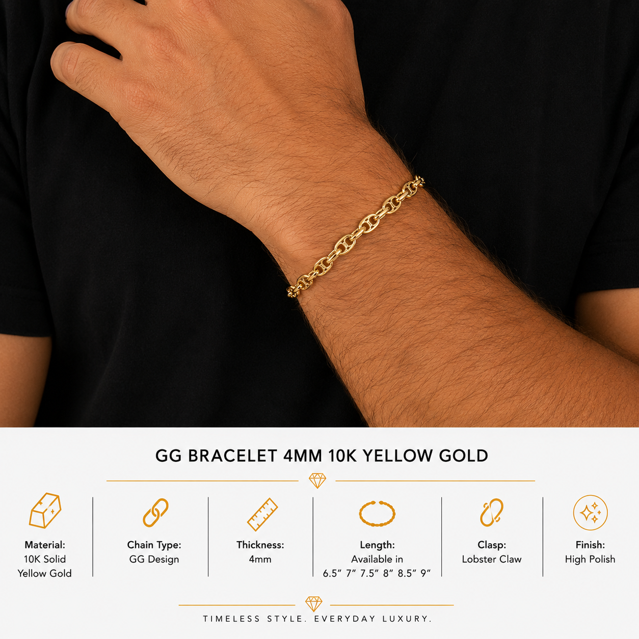 10K Yellow Gold Puff Mariner Bracelet 7.5" – 4mm Classic Link Bracelet