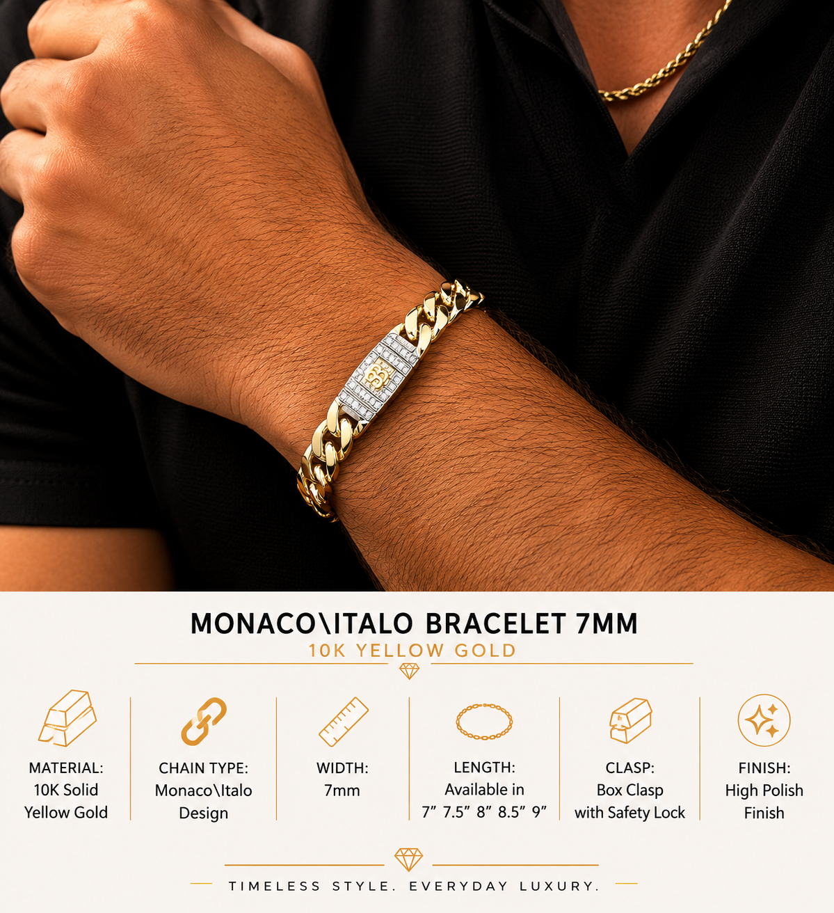 10K Yellow Gold Monaco/Italo bracelet 7.5” – 7mm Classic Twisted bracelet Jewelry