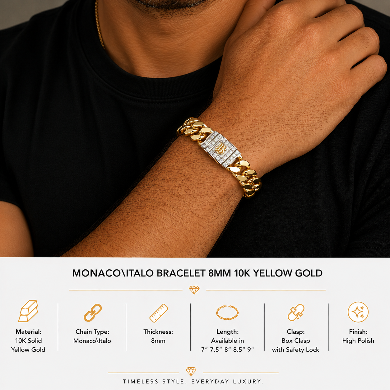 10K Yellow Gold Monaco/Italo bracelet 8” – 8mm Classic Twisted bracelet Jewelry