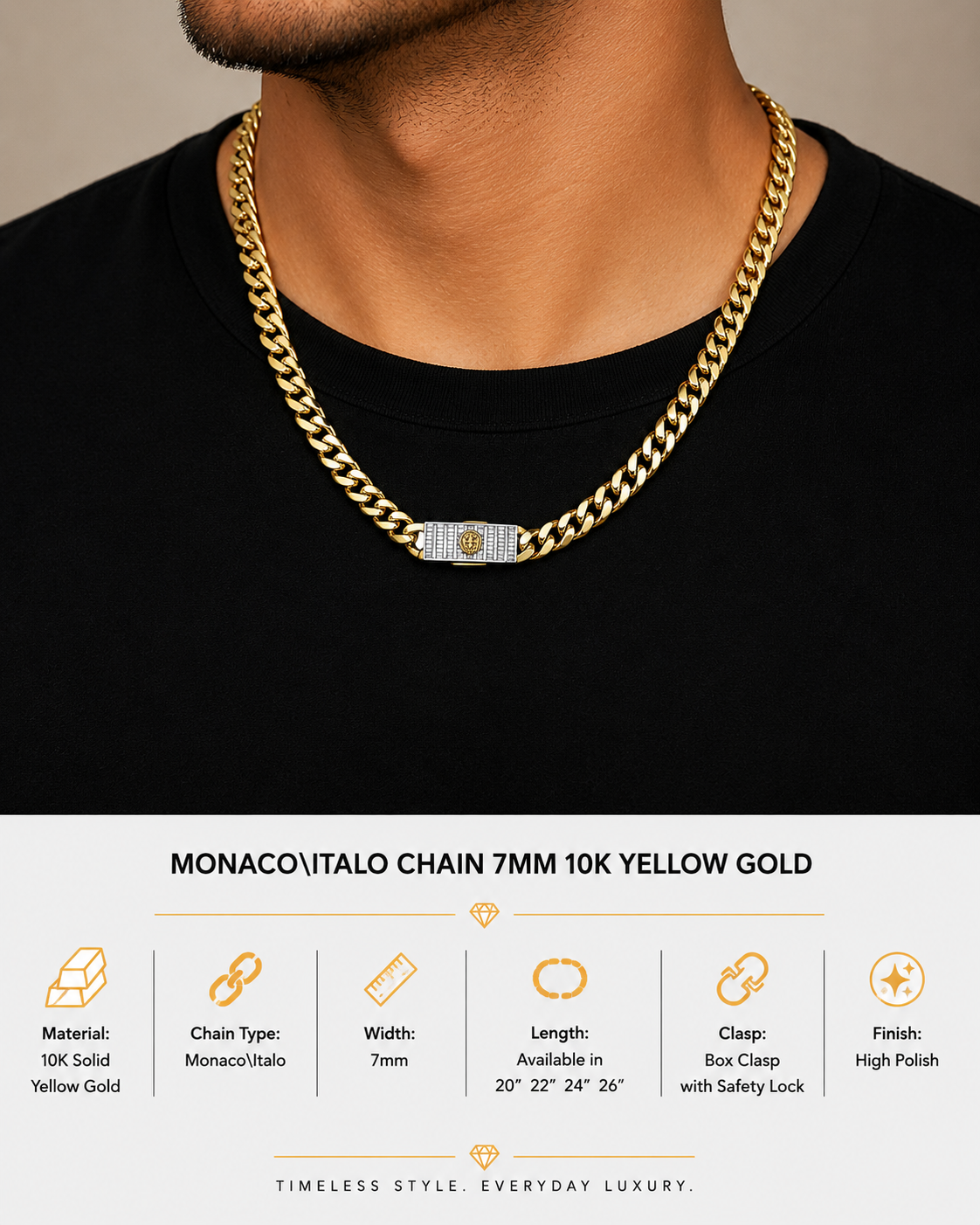 10K Yellow Gold Monaco/Italo Chain 24” – 7mm Classic Twisted Necklace Jewelry