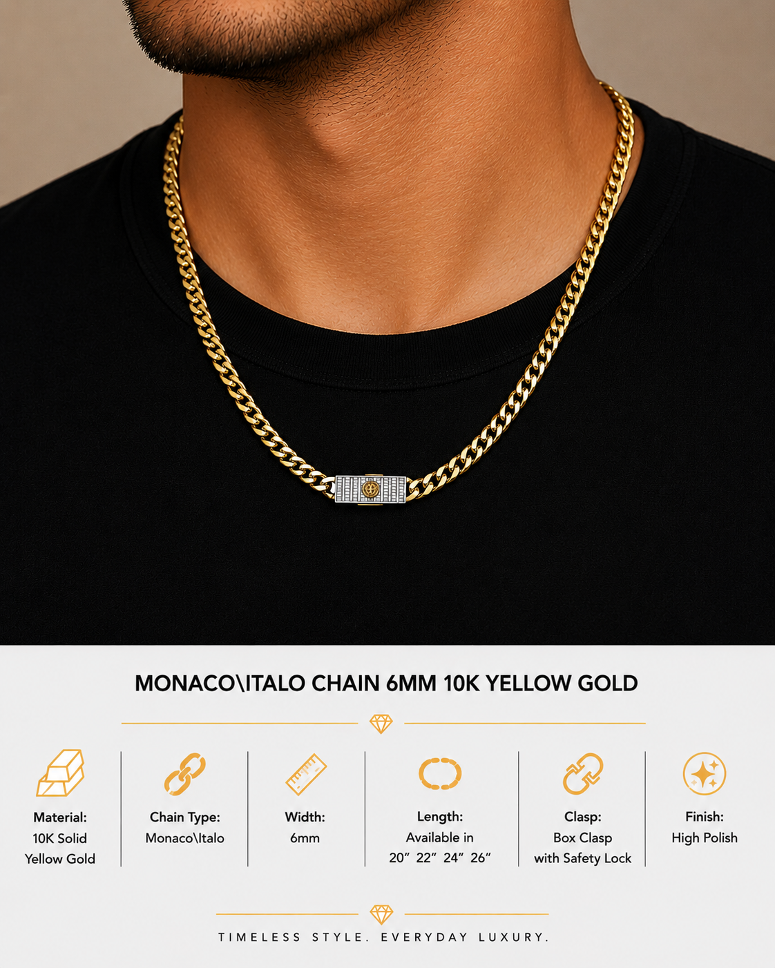 10K Yellow Gold Monaco/Italo Chain 22” – 6mm Classic Twisted Necklace Jewelry