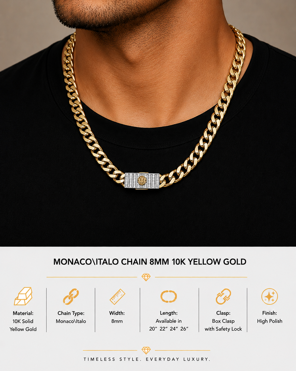 10K Yellow Gold Monaco/Italo Chain 24” – 8mm Classic Twisted Necklace Jewelry