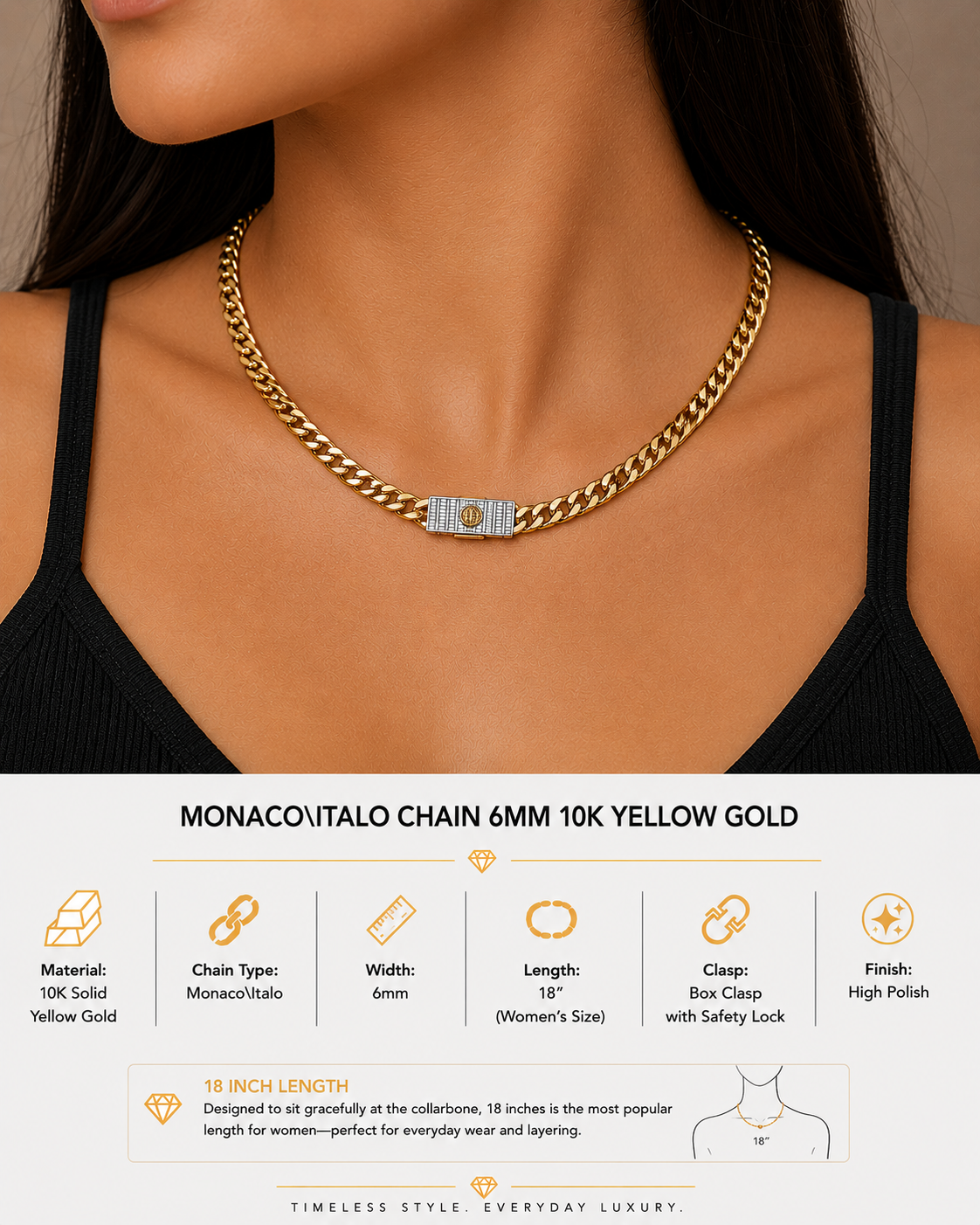 10K Yellow Gold Monaco/Italo Chain 18” – 6mm Classic Twisted Necklace Jewelry