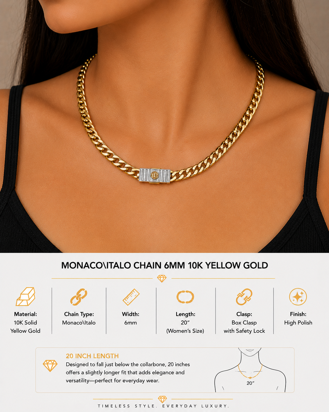 10K Yellow Gold Monaco/Italo Chain 22” – 6mm Classic Twisted Necklace Jewelry