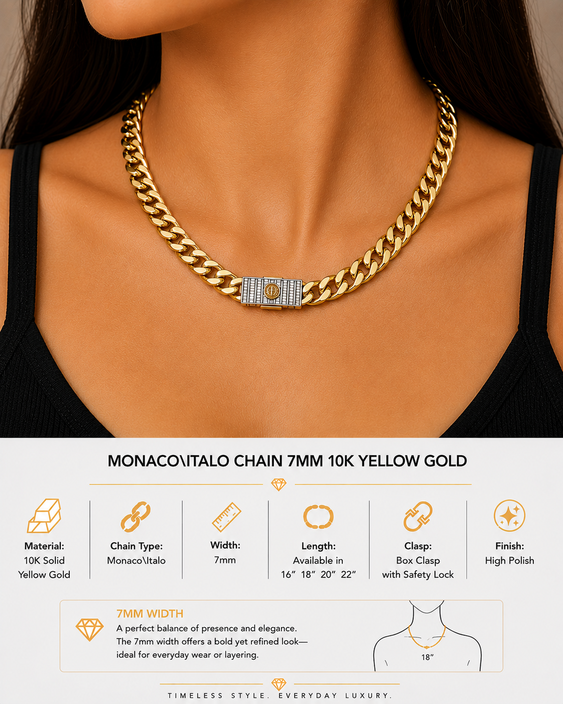 10K Yellow Gold Monaco/Italo Chain 20” – 7mm Classic Twisted Necklace Jewelry