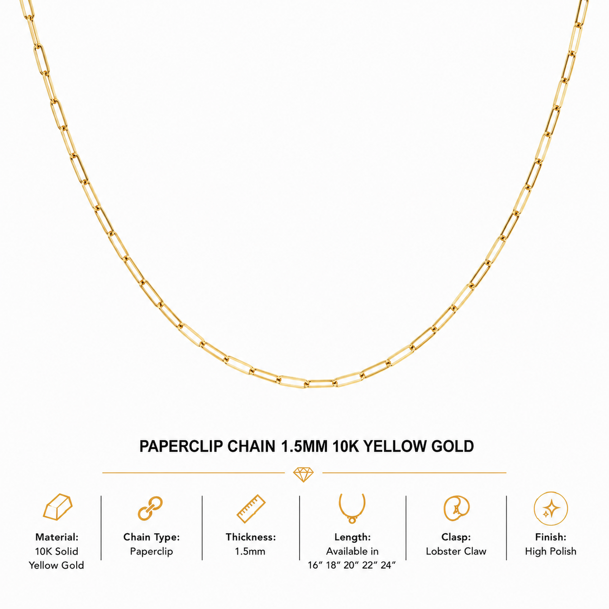 10K Yellow Gold Paperclip Chain 18” – 1.5mm Classic Link Necklace Jewelry