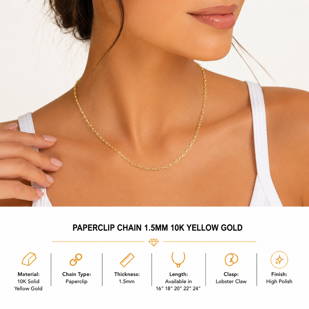 10K Yellow Gold Paperclip Chain 18” – 1.5mm Classic Link Necklace Jewelry