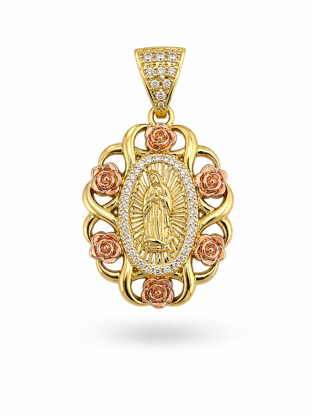 10K Yellow Gold Virgin Mary Pendant with Rose Gold Roses