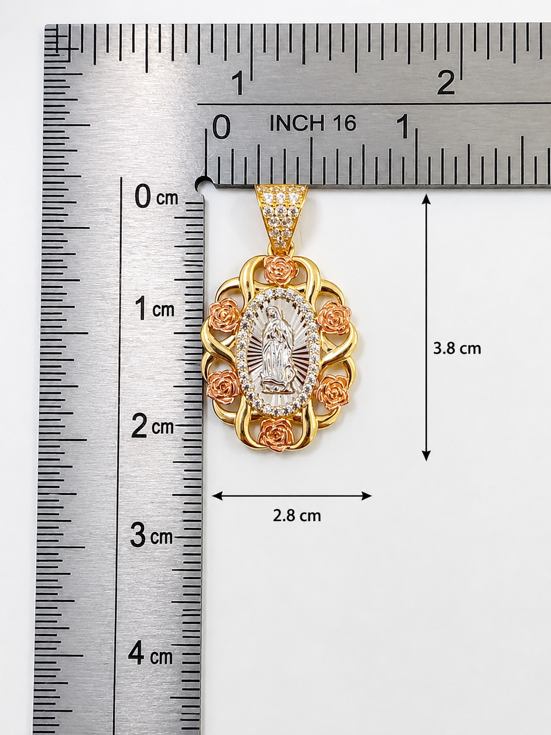 10K Yellow Gold Virgin Mary Pendant with Rose Gold Roses