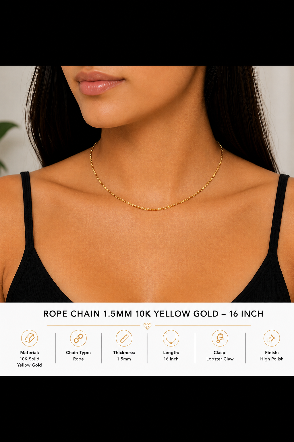 10K Yellow Gold Rope Chain Necklace 1.5mm – 16 Inch