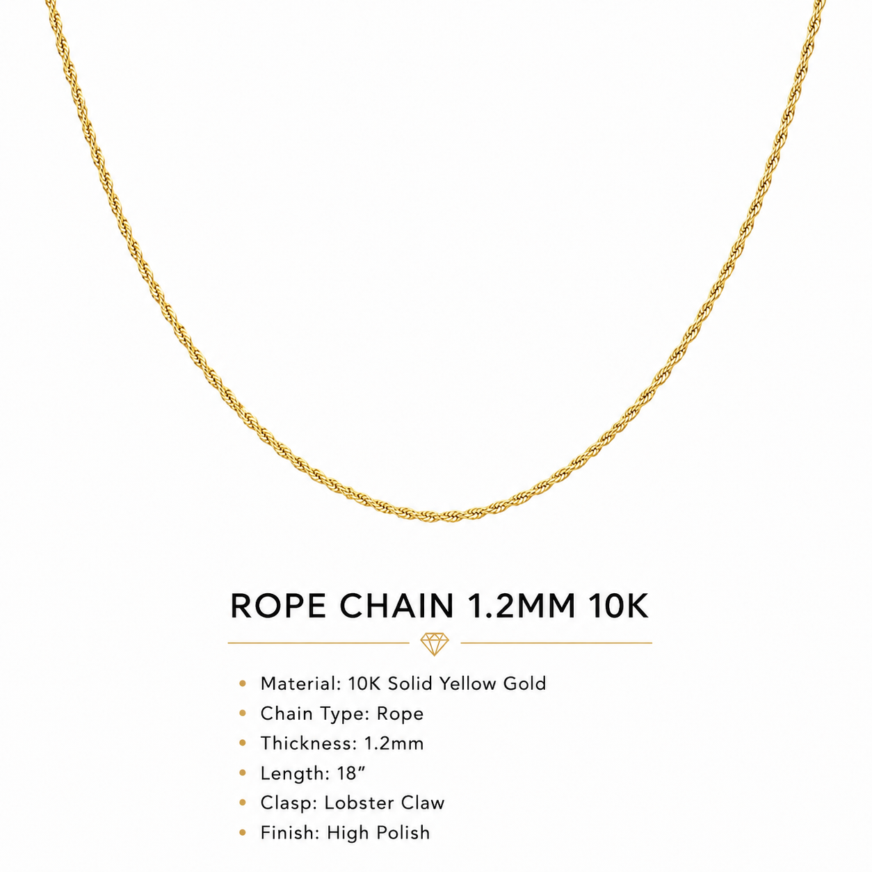 10k Yellow Gold Rope Chain 1.2mm – 18 Inch