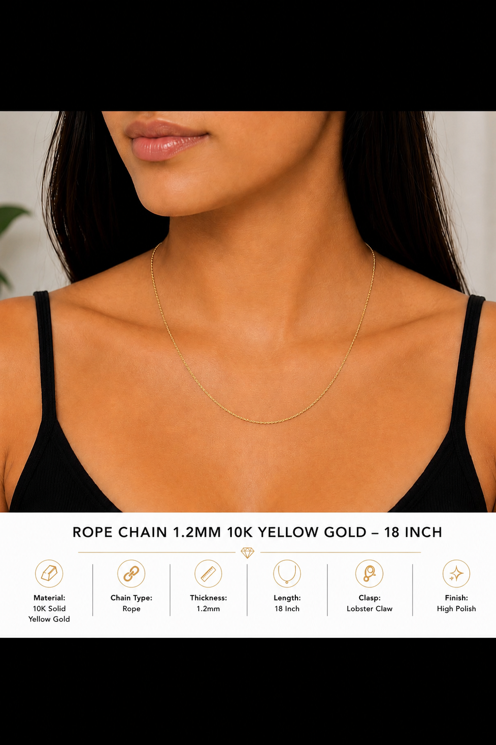 10k Yellow Gold Rope Chain 1.2mm – 18 Inch