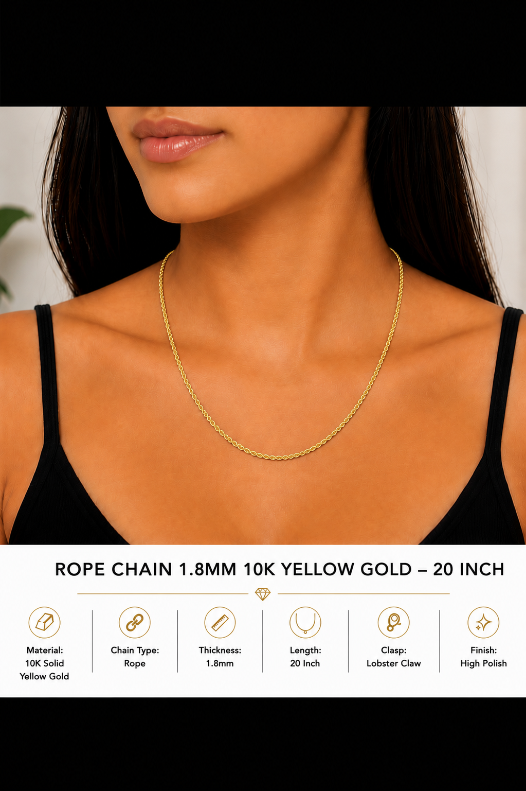 10K Yellow Gold Rope Chain 1.8mm – 20 Inch