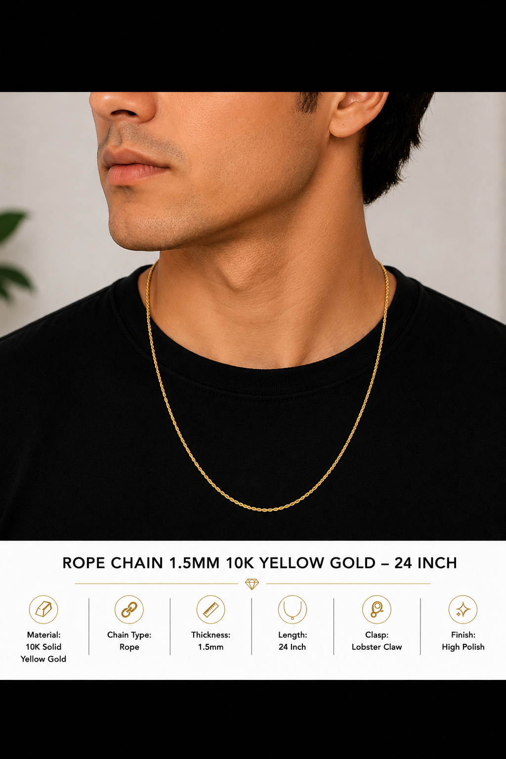 10K Yellow Gold Rope Chain Necklace 1.5mm – 24 Inch