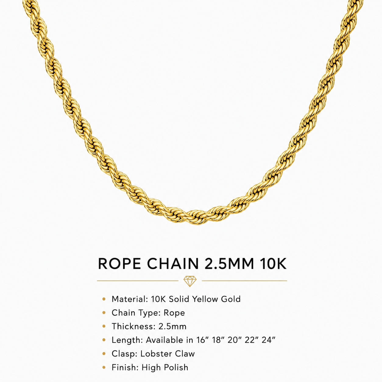 10K Yellow Gold Rope Chain 2.5mm – 24 Inch