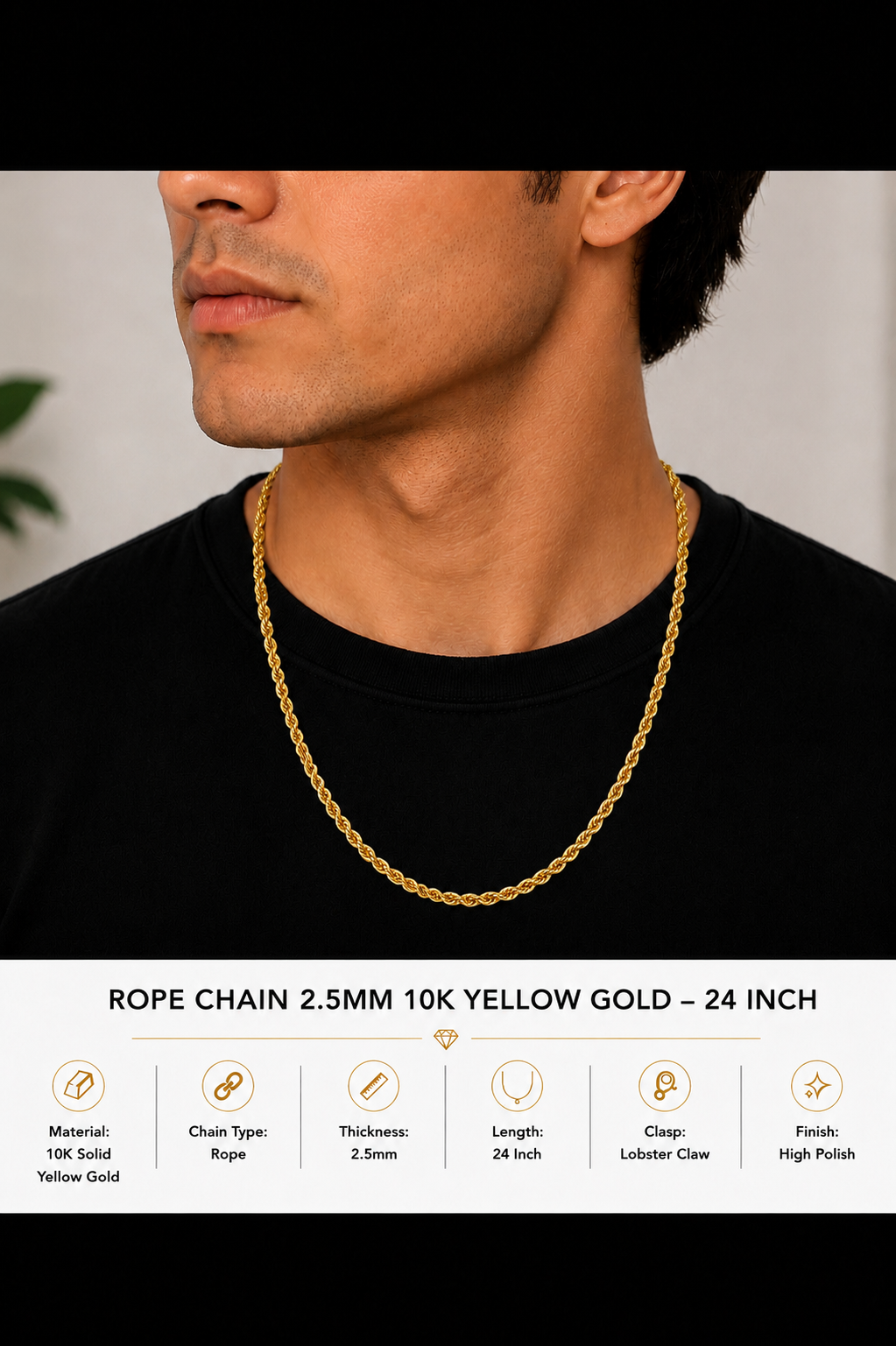 10K Yellow Gold Rope Chain 2.5mm – 24 Inch