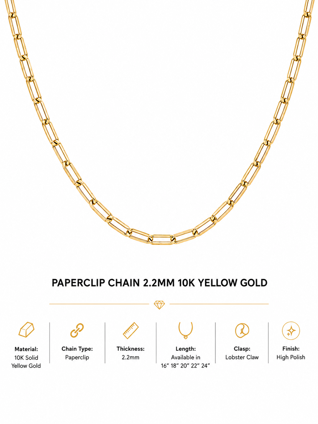 10K Yellow Gold Paperclip Chain 2.2mm 16 Inch