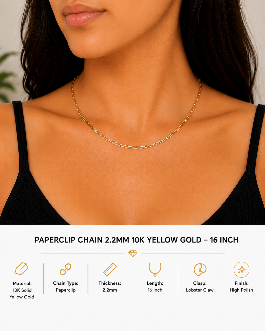 10K Yellow Gold Paperclip Chain 2.2mm 16 Inch