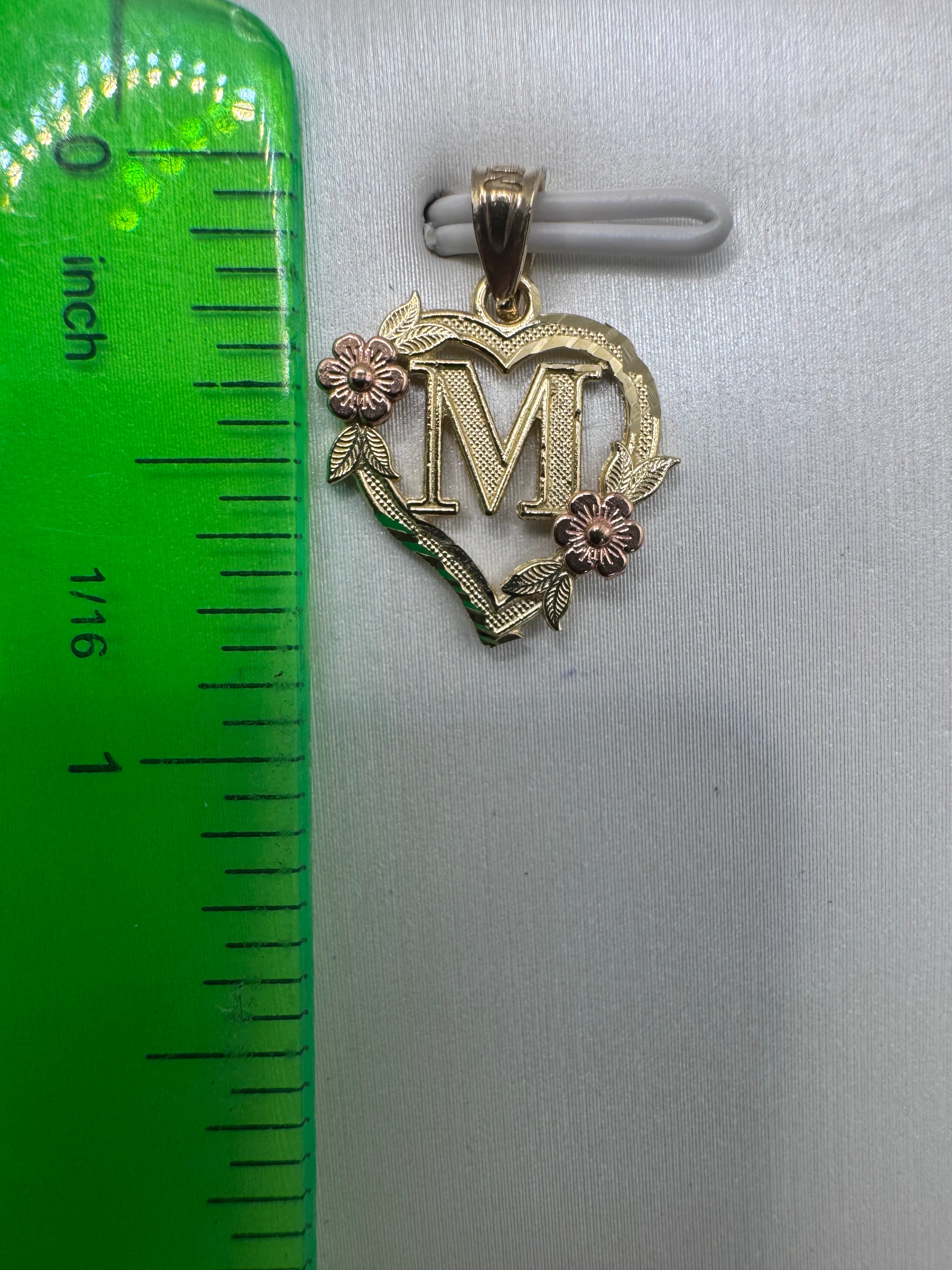 14K Yellow Gold Heart Initial M Pendant – Personalized Letter Gold Necklace Charm