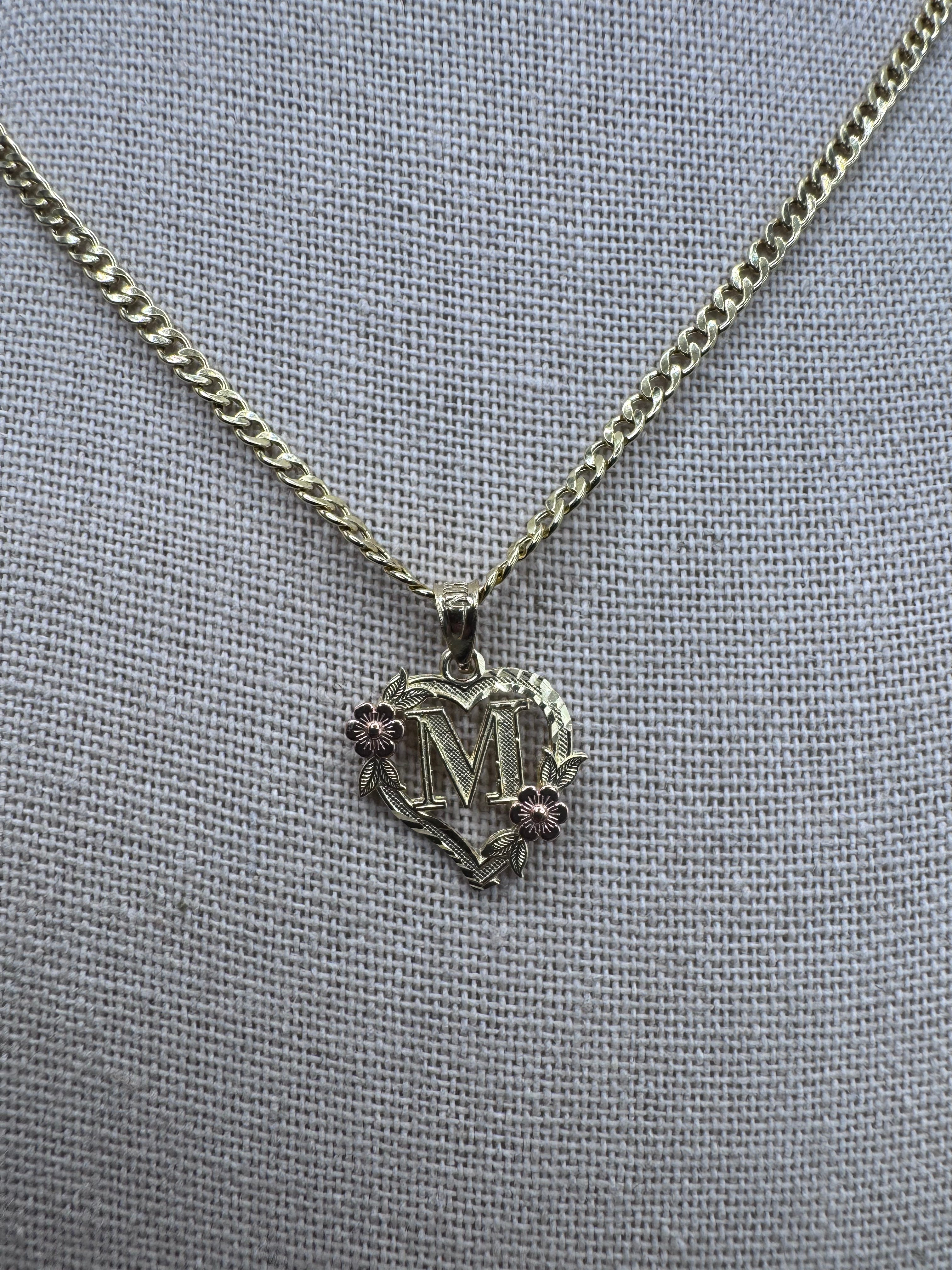 14K Yellow Gold Heart Initial M Pendant – Personalized Letter Gold Necklace Charm