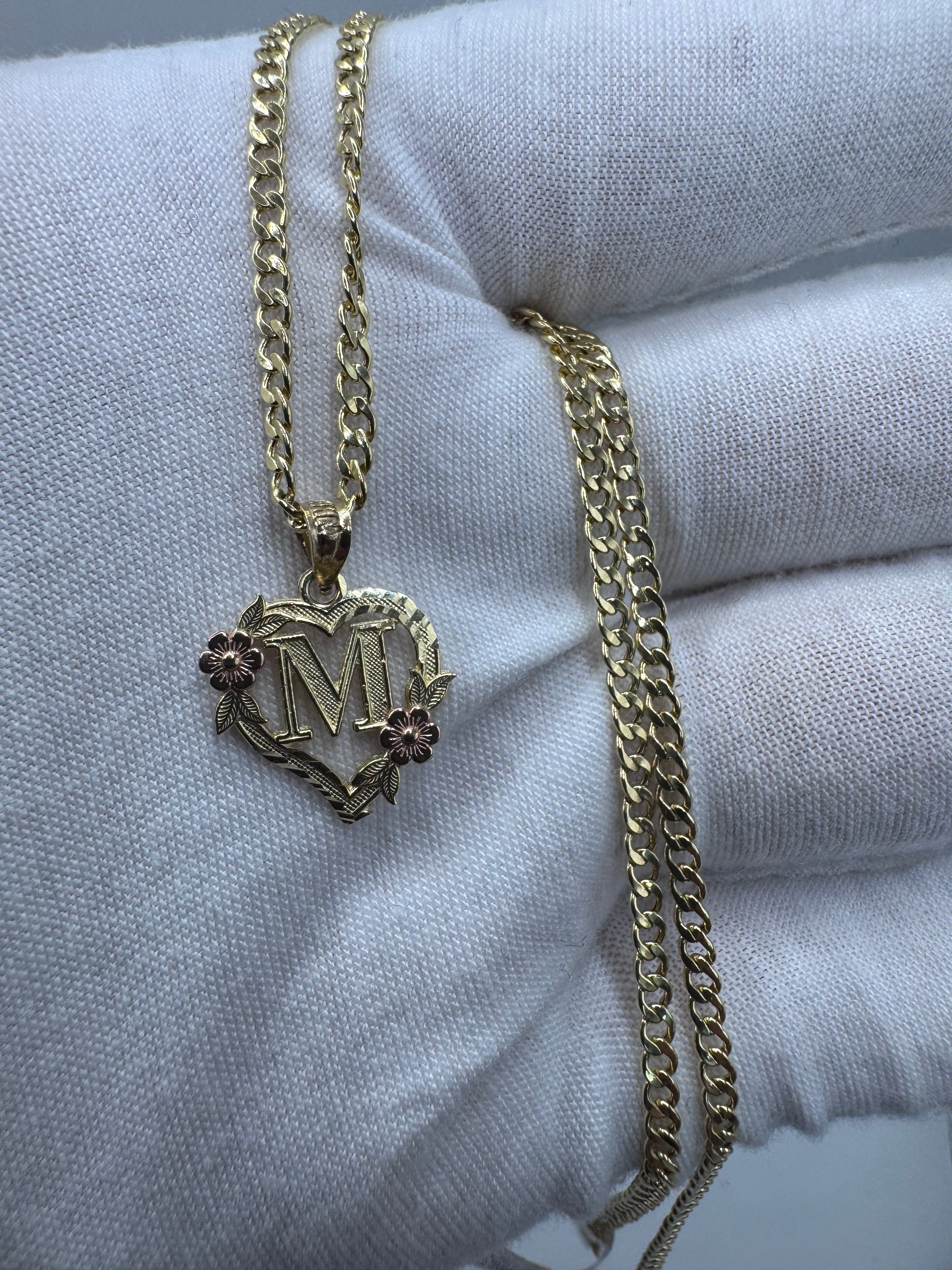 14K Yellow Gold Heart Initial M Pendant – Personalized Letter Gold Necklace Charm